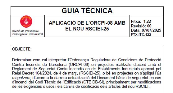 NUEVA FICHA DE BOMBEROS DE BARCELONA SOBRE LA APLICACIÓN CON EL NUEVO RSCIEI-2025 DE LO ESTABLECIDO EN LA ORCPI-08 (FICHA 1.22)